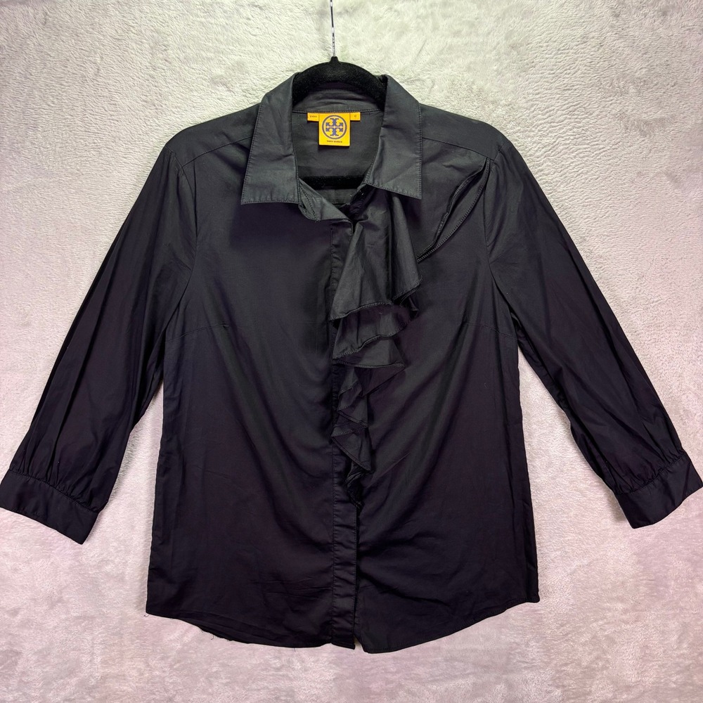 Tory Burch Womens Sz 12 Black Ruffle Front Button Down Blouse Stretch Cotton Top
